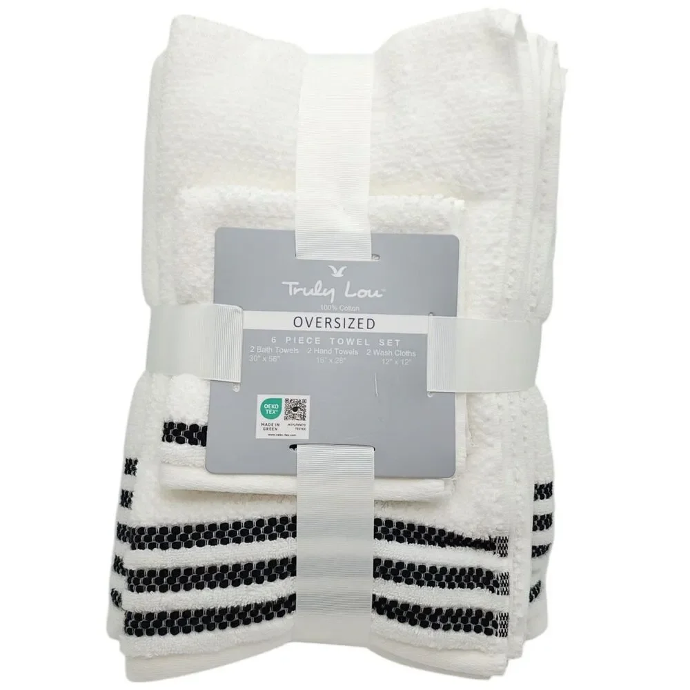 Truly Lou 6pc White Oversized Soft Cotton Towel Set 2‎ Bath 2 Hand 2 Wash